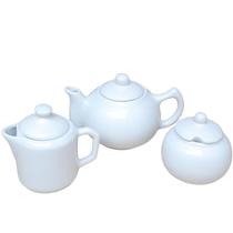 Jogo Café e Chá Mesa Posta, Açucareiro 350ml + Bule Chaleira 830ml + Bule Baixo Leiteira 380ml - Kit Porcelana Branca
