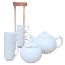 Jogo Café e Chá Mesa Posta, Açucareiro 350ml + Bule Chaleira 830ml + Kit 6 xícaras café 80ml - Porcelana Branca