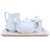 Jogo Café e Chá Mesa Posta, Bandeja + Bule Chaleira 400ml + Açucareiro 250ml + Jarra Leiteira 740ml - Kit Porcelana Bran