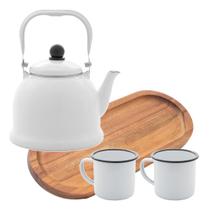 Jogo Cafe Esmaltado Bule E Xicaras Bandeja De Acacia 6 Pecas