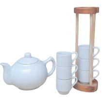 Jogo Café Mesa Posta, Bule Chaleira 830ml + Kit 6 xícaras café 80ml - Porcelana Branca