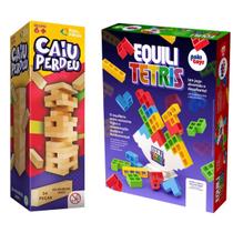 Jogo Caiu Perdeu Torre Pais Filhos 54 Pçs e Jogo Equili Tetris Brinquedo Montar Infantil Divertido