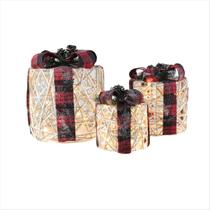 Jogo Caixa De Presente LED Iluminada Dourada Com Laço Xadrez Vermelho e Preto Juta 3 Tamanhos 25/20/15cm