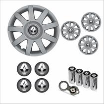 Jogo Calota Aro 14 Sandero Logan Clio 2009 à 2011 + Emblema Resinado + Tampa Ventil Antifurto
