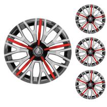Jogo Calota Aro 14 Triton Sport Black Silver Red Universal + Emblema Resinado Peugeot