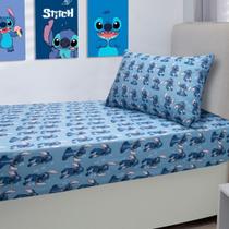 Jogo Cama Infantil Stitch Blue Algodão Com Elástico 2 Peças Azul
