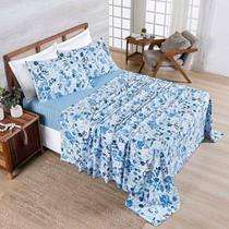 Jogo Cama Lençol Belle Queen 400 Fios Estampado 4 Peças Florido Azul