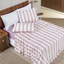 Jogo Cama Lençol Daily King Malha Algodão Listrado 4 Peças - Rosê