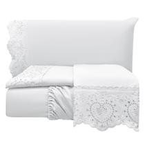 Jogo Cama Lençol Detail Queen Bordado Guipir Bordado Inglês Percal 300 Fios 4 Peças - Branco