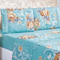 Jogo Cama Lençol Diamond King Tecido Floral ul Turquesa