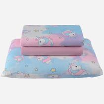 Jogo Cama Lençol Diverkids Solteiro Infantil Malha Soft Algodão 3 Peças - Unicórnio Rosa Azul