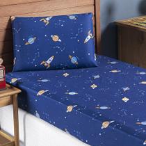 Jogo Cama Lençol Fantasy Solteiro Cama Quarto Infantil Microfibra 2 Peças Galáxia Espaço Azul