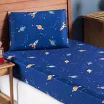 Jogo Cama Lençol Fantasy Solteiro Cama Quarto Infantil Microfibra 2 Peças Galáxia Espaço Azul
