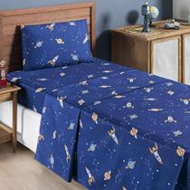 Jogo Cama Lençol Fantasy Solteiro Cama Quarto Infantil Microfibra 3 Peças Galáxia Espaço Azul