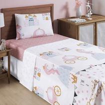 Jogo Cama Lençol Fantasy Solteiro Cama Quarto Infantil Microfibra 3 Peças Princesinha Rosa