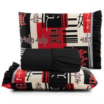 Jogo Cama Lençol Fiore Casal Padrão Estampado 180 Fios 100% Algodão com Babadinho 3 Peças Preto Oriental Japonês