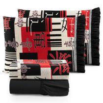 Jogo Cama Lençol Fiore Casal Padrão Estampado 180 Fios 100% Algodão Com Babadinho 4 Peças Preto Oriental Japonês - CASA SCARPA