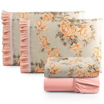 Jogo Cama Lençol Fiore Casal Padrão Estampado 180 Fios 100% Algodão Com Babadinho 4 Peças Salmão Floral