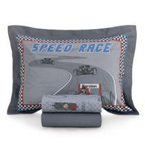 Jogo Cama Solteiro 200 Fios Karsten Infantil Corrida Cinza