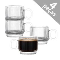 Jogo Canecas Vidro Graffiato Transparente Para Café Chá Capuccino Kit 4 Peças Textura Canelado Elegante Sofisticado Para Cantinho Café