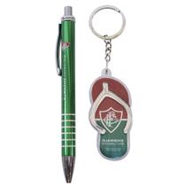 Jogo caneta de metal com chaveiro em forma de chinelo fluminense.