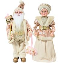 Jogo Casal Papai e Mamãe Noel Decorativo Casacos Luxo Rosê e Pérola Decorados 50cm - Noel Decor