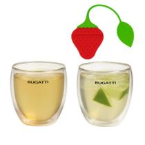 Jogo Chá 2 Copos Parede Dupla 250ml e Infusor Ervas Morango