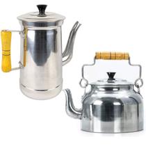 Jogo Chaleira 3L + bule 2L Alumínio polido com alça madeira Jogo Chaleira 3L + bule 2L Alumínio polido com alça madeira