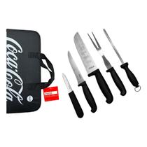 Jogo Churrasco Coca Cola Garfo Faca Afiador Maleta 5 Peças