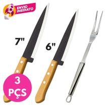 Jogo Churrasco Garfo Trinchante Pegador Aço Inox e Faca 6 e 7 Polegada Churrasqueira Grelhar