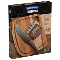 Jogo Churrasco Tramontina Churrasco Black Lâminas Aço Inox Escurecido Cabos Madeira Tabua 3 Peças