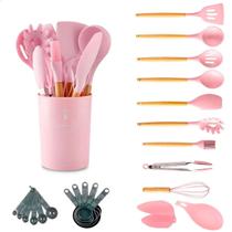 Jogo Colheres Madeira Siliconado Conjunto Talheres Preto Bamboo Rosa-claro