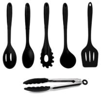 Jogo Colheres Utensílios Silicone Maciço Preto 6 Peças