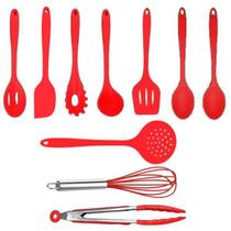 Jogo Colheres Utensílios Silicone Maciço Vermelho 10 Peças