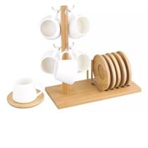 Jogo Com 06 Xícara Para Café 90ml E Pires E Suporte Em Bambu