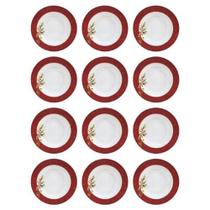 Jogo com 12 Pratos Fundos Natalinos Ramo Azevinho 22,5cm Melamina (Material Sintético)