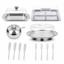 Jogo Com 14 Peças Para Café da Manhã Mesa Posta Aço Inox e Acrílico