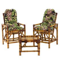 Jogo com 2 Cadeiras de Bambu + Mesa de Centro Área Interna e Externa Floral T6