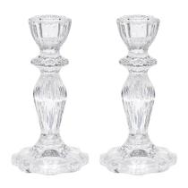 Jogo com 2 Castiçais Lola de Vidro Trabalhado Transparente 4x7,5x11cm
