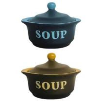 Jogo com 2 Sopeiras Com Tampa Cerâmica Alta Temperatura 300ml Cada Soup Azul e Amarelo Saldão