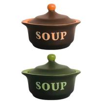 Jogo com 2 Sopeiras Com Tampa Cerâmica Alta Temperatura 300ml Cada Soup Laranja e Verde Saldão