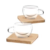 Jogo com 2 Xícaras de Café com Alça Ergonômica Vidro Duplo com Base de Bambu Natural Ideal para Bebidas Quentes ou Frias