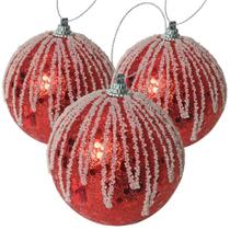Jogo Com 3 Bolas Natal Ø 12cm Vermelha Nevada Com Paetês e Gotas