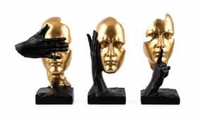 Jogo com 3 Esculturas Faces Não Vejo Não Ouço Não Falo Preto e Dourado Wolff Jogo com 3 Esculturas Faces Não Vejo Não Ouço Não Falo Preto e Dourado Wolff