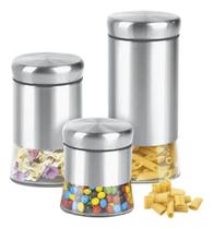 Jogo Com 3 Potes Hermeticos Aço Inox Vidro Kehome