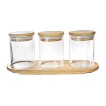 Jogo com 3 potes herméticos de vidro com tampa e bandeja de bambu