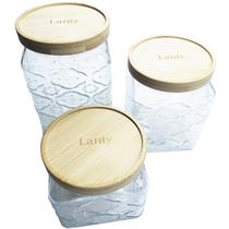 Jogo com 3 Potes Porta Alimentos e Mantimentos em Vidro com Relevo e Tampa de Bambu Hermética 620ml 850ml e 1100ml