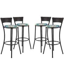 Jogo Com 4 Banquetas Alta Forts Fibra Uv Bancada, área Goumert, Bar, Piscina, Balcão, Floral Azul