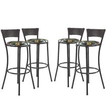 Jogo Com 4 Banquetas Altas Forts Fibra Uv Bancada, área Goumert, Bar, Piscina, Balcão, Floral Preto