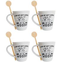 Jogo com 4 Canecas de Porcelana com Dizeres 320ml + Mexedores de Madeira Para Bebidas Quentes Jogo com 4 Canecas de Porcelana com Dizeres 320ml + Mexedores de Madeira Para Bebidas Quentes
